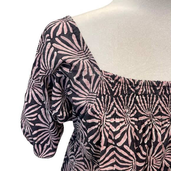 Kerry Cassill Hand Block Printed Tatum Top Peasant Blue Pink Daisy Floral S - Picture 2 of 7